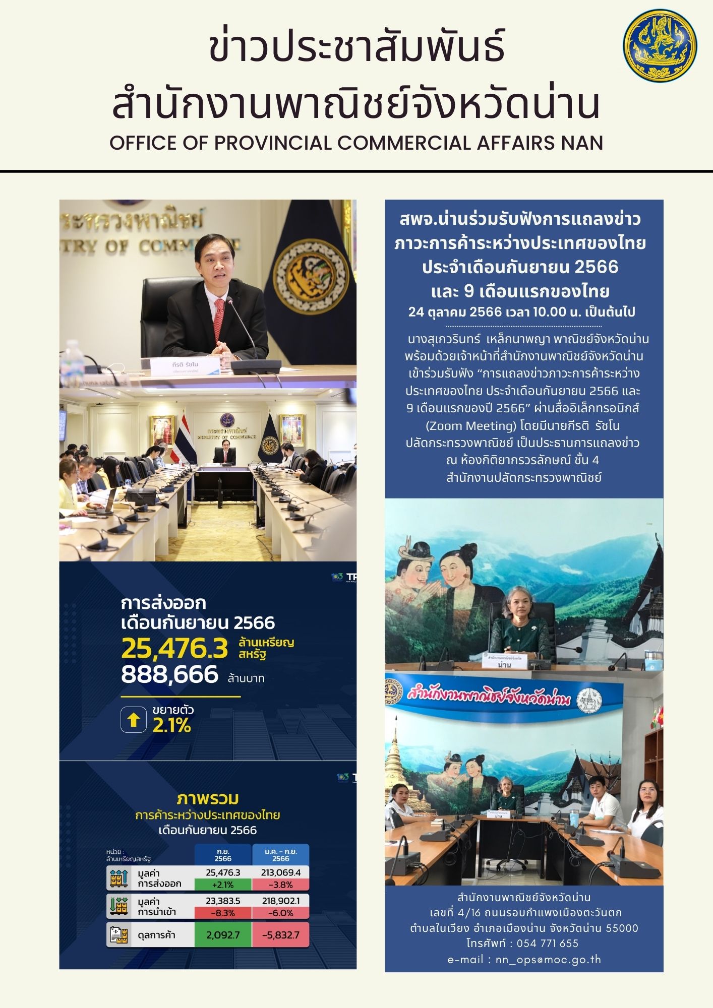 สำนักงานพาณิชย์จังหวัดน่าน ร่วมรับฟังการแถลงข่าวภาวะการค้าระหว่างประเทศของไทย ประจำเดือนกันยายน 2566 และ 9 เดือนแรกของไทย